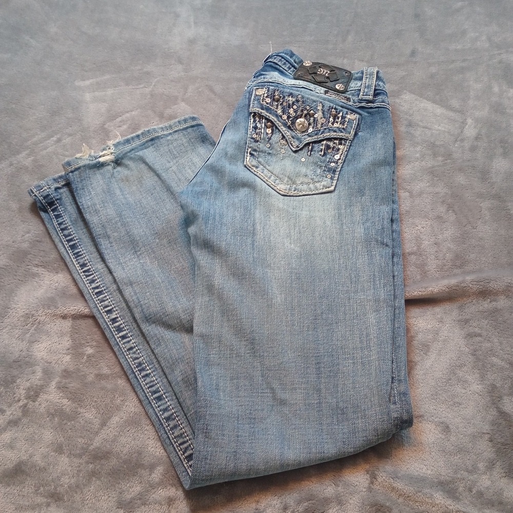 Miss Me Easy Bootcut Jeans 29 x 32 Flap Pocket Low Rise Embellished Distressed